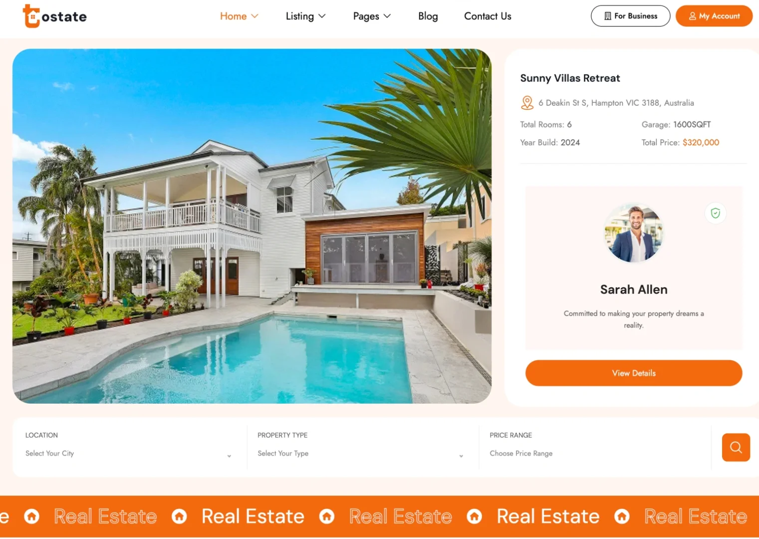 Modern villa with pool and palm trees, real estate listing.