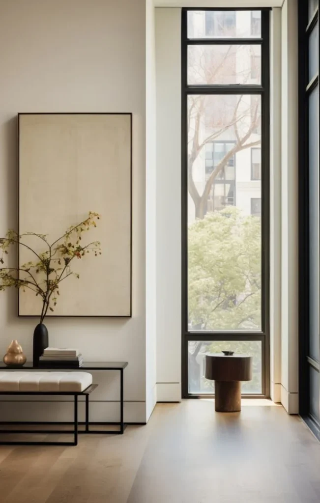 Modern minimalist interior with large window and simple decor